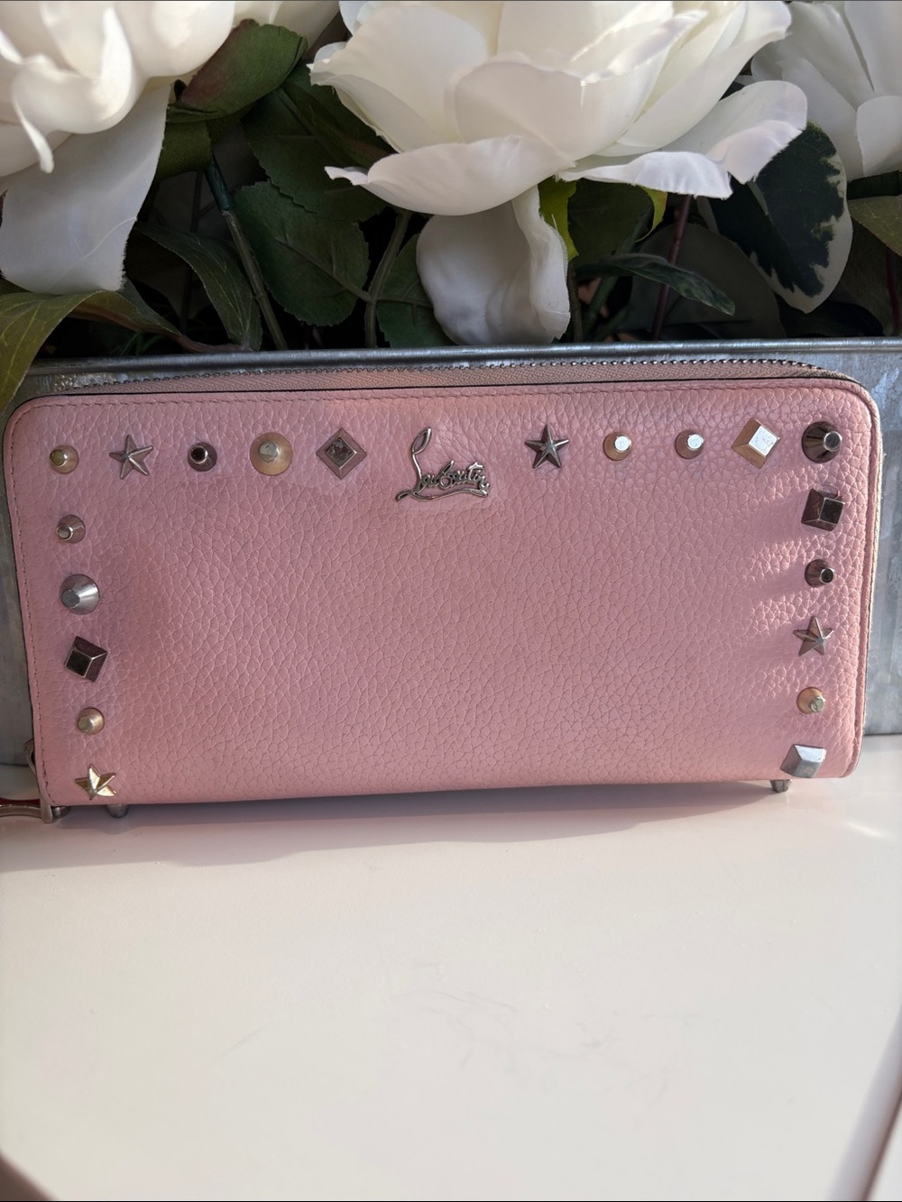 Christian Louboutin Authentic Pink Panettone Studded Zip Wallet✨✨